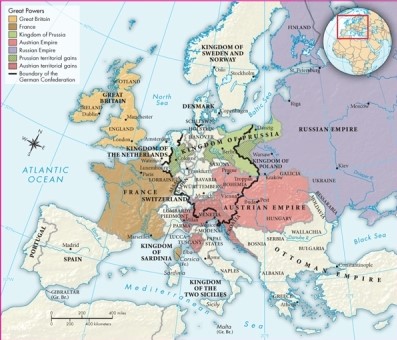 According to Map 21.1: Europe in 1815, which countries were considered the Great Powers of Europe in the first half of the nineteenth century?   A) The Kingdom of Sardinia, France, the Kingdom of Prussia, the Austrian Empire, and the Russian Empire B) Great Britain, the Kingdom of Prussia, the Austrian Empire, the Russian Empire, and the Kingdom of the Two Sicilies C) Great Britain, the Russian Empire, the Kingdom of Prussia, France, and the Austrian Empire D) The Kingdom of Sweden and Norway, Denmark, Prussia, the Austrian Empire, and the Russian Empire