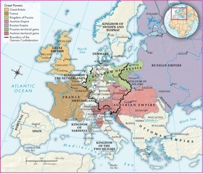 According to Map 21.1: Europe in 1815, why was the Austrian Empire able to maintain order in most of Europe between 1815 and 1848?   A) Bordering as it did on both the Russian and the Ottoman Empires, it was well positioned to exert control over two empires that were hostile to one another. B) With significant territories on the Italian peninsula and a commanding position within the German Confederation, the Austrian Empire was able to suppress the interest in reform and change in the areas closest to itself. C) Owing to its large size, the Austrian Empire was able to influence the actions of the Kingdom of Prussia, thus holding a greater position within the German Confederation. D) Although it acquired far-reaching territory, the Austrian Empire was able to implement the German language in all previously non-German-speaking lands.