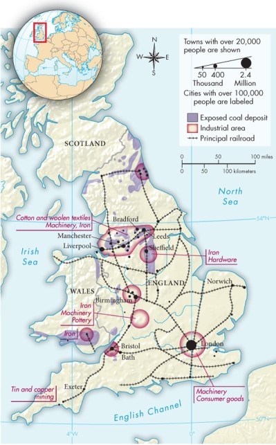 On Map 20.1: The Industrial Revolution in England, ca. 1850, what appears to be the largest industrial area?   A) London B) The area surrounding Manchester and Liverpool C) The area surrounding Sheffield D) The area surrounding Bristol