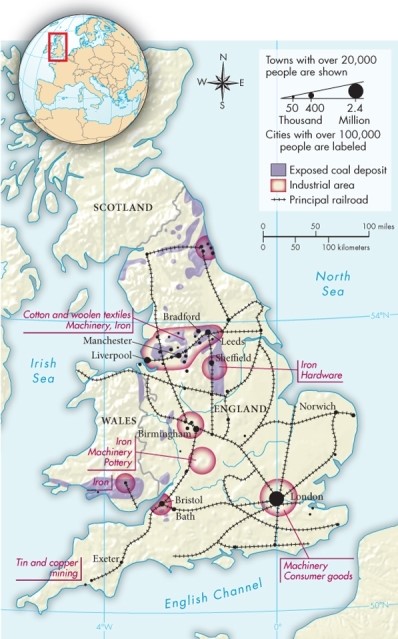 Based on Map 20.1: The Industrial Revolution in England, ca. 1850, what appears to be the most important components of the Industrial Revolution other than coal mining?   A) Pottery, iron, and machinery B) Machinery and consumer goods C) Machinery, hardware, and iron D) Textiles, iron, and machinery