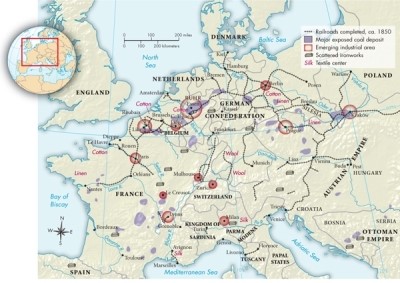 Based on Map 20.2: Continental Industrialization, ca. 1850, where are the most important emerging industrial areas in France located?   A) Bordeaux, Nantes, Mulhouse B) Le Havre, Rouen, Paris C) Lille, Paris, Nantes D) Paris, Lyons, Lille