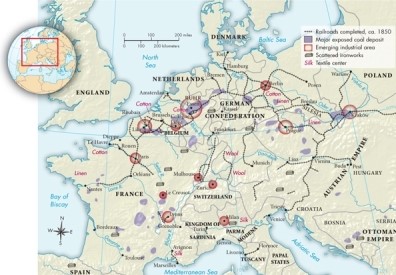 Based on Map 20.2: Continental Industrialization, ca. 1850, where is the largest emerging industrial area located?   A) The Ruhr B) Prague C) Berlin D) Paris