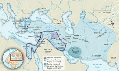According to Map 2.1, The Assyrian and Persian Empires, ca. 1000-500 B.C.E., how did Iran's geography affect its development?   A) The central plateau separated the Iranian civilizations from neighboring cultures, giving it an insular quality. B) The mountainous northern border prevented Central Asian nomads from moving into Iran, permitting the Iranians' civilization to develop in relative security. C) The southern coastline of Iran developed a sophisticated commercial culture, while the plateau region remained isolated and underdeveloped. D) The uncrossable salt deserts forced traffic east and west across Iran, establishing a route for trade and communication between East and West.