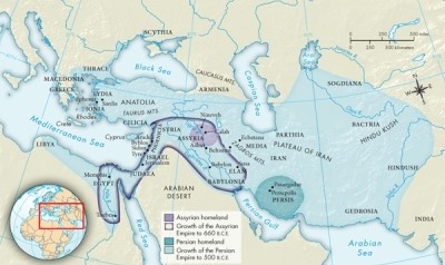 According to Map 2.1, The Assyrian and Persian Empires, ca. 1000-500 B.C.E., which two cities were located within the Assyrian homeland?   A) Pasargadae and Persepolis B) Nineveh and Calah C) Jerusalem and Thebes D) Babylon and Susa