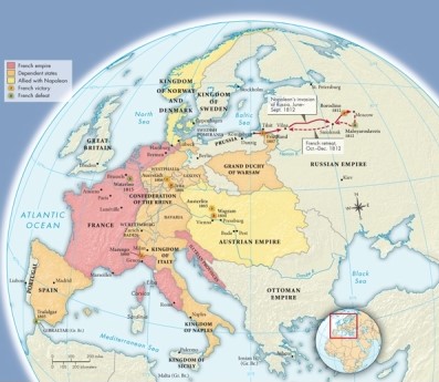 List the countries allied with Napoleon found on Map 19.2: Napoleonic Europe in 1812.   A) The Confederation of the Rhine, the Kingdom of Italy, and the Kingdom of Naples B) The Austrian Empire and the Kingdom of Norway and Denmark C) The Kingdom of Sweden, Prussia, and the Ottoman Empire D) Portugal, Spain, and the Kingdom of Sicily