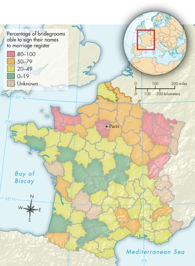 Why might Map 18.1: Literacy in France, ca. 1789 show the literacy rate to be relatively high in the area close to the capital city of Paris?   A) Proximity to the royal court would encourage the growth of literacy. B) The concentration of wealth in the area of the capital would help to support a high rate of literacy. C) Educational facilities, publishing houses, and a vibrant intellectual life in Paris would work to assist the growth of literacy in nearby areas. D) The support of high church officials headquartered in Paris would help to enable a relatively high rate of literacy.