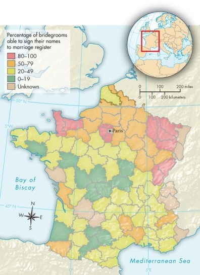What factor explains the existence of several other areas, besides the area around Paris, with high literacy rates in France, as depicted in Map 18.1: Literacy in France, ca. 1789?   A) The existence of Catholic monastic groups such as the Jesuits B) Royal favor that provided resources not available elsewhere in France C) Urbanization that might also feature extensive commerce and manufacture D) Large military facilities