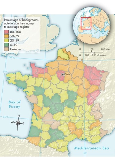 What factor explains areas of relatively low literacy rates, as depicted in Map 18.1: Literacy in France, ca. 1789?   A) Regional traditions B) Policies of the Catholic Church established for the region C) The focus on agriculture in the region D) Policies established for the region by the royal court