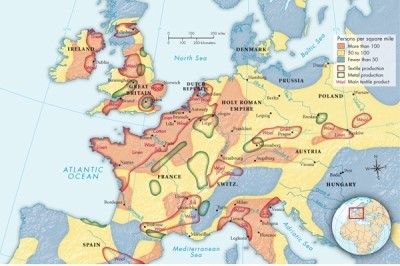 Map 17.1: Industry and Population in Eighteenth-Century Europe suggests a relationship between population density and the growth of textile production. This leads to the conclusion that textile production was concentrated in   A) large cities. B) less populated areas where other kinds of work were scarce. C) France. D) rural areas with relatively dense populations.