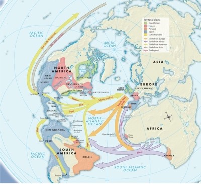 Map 17.2: The Atlantic Economy in 1701 shows trade from Europe, Africa, the Americas, and Asia. What was sent from the Americas to Europe?   A) Gold and silver B) Furs, tobacco, and gold C) Tobacco, silver, spices, and porcelain D) Tobacco, silver, sugar, and furs