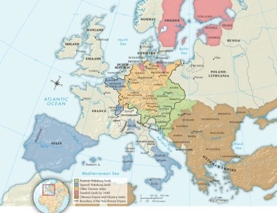 Which lands shown on Map 15.1: Europe After the Thirty Years' War belonged to the Spanish Habsburgs?   A) Spain, Portugal, the Spanish Netherlands, the United Provinces, Franche-Comté, and Milan B) France, the Spanish Netherlands, the United Provinces, Franche-Comté, Milan, and Naples C) Spain, Naples, the Papal States, Tuscany, Milan, and the Republic of Venice D) Spain, Portugal, the Spanish Netherlands, Franche-Comté, Milan, and Naples