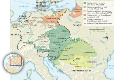 On Map 15.3: The Growth of Austria and Brandenburg-Prussia to 1748, what territories did Prussia acquire between 1640 and 1688?   A) Magdeburg and Mark B) Cleve and Mark C) Brandenburg and Prussia D) Eastern Pomerania and Magdeburg