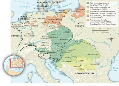 On Map 15.3: The Growth of Austria and Brandenburg-Prussia to 1748, what territories did Austria acquire after the decisive victory over the Ottoman Empire (1718) ?   A) Slavonia, Transylvania, and Hungary B) Croatia, Slavonia, and Carniola C) Carinthia, Styria, and Carniola D) Banat, Serbia, and Wallachia