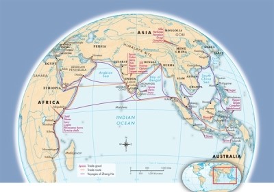 Based on Map 14.1: The Fifteenth-Century Afroeurasian Trading World, Afroeurasian trade during this period was centered on what body of water?   A) The Pacific Ocean B) The Mediterranean Sea C) The Atlantic Ocean D) The Indian Ocean