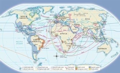 According to Map 14.3: Seaborne Trading Empires in the Sixteenth and Seventeenth Centuries, what nations dominated the global sea trade routes during this period?   A) South Asian nations B) Slavic eastern European nations C) Mediterranean European nations D) Atlantic coastal European nations
