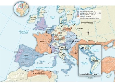 Based on Map 13.1: The Global Empire of Charles V, ca. 1556, what was the only Christian kingdom that opposed Charles V?   A) Scotland B) Denmark C) France D) Ireland