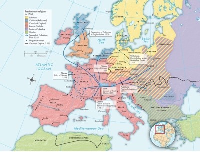 <strong>According to Map 13.2: Religious Divisions in Europe, ca. 1555, what region of Europe shown in the map experienced the most diversity in religious faith around 1555? </strong> A)Southern Europe B)Scandinavia C)The British Isles D)Eastern-Central Europe