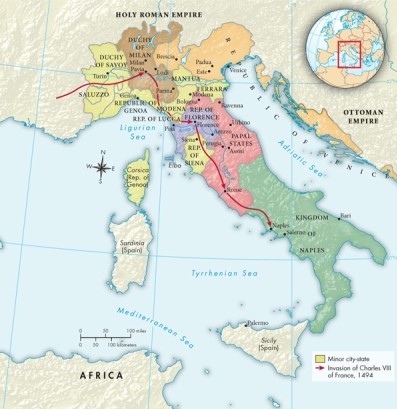 <strong>According to Map 12.1: The Italian City-States, ca. 1494, which European monarch invaded multiple Italian city-states in 1494?  </strong> A)Henry VII of England B)Ferdinand of Spain C)Charles VIII of France D)Maximilian I of the Holy Roman Empire <div style=padding-top: 35px> 