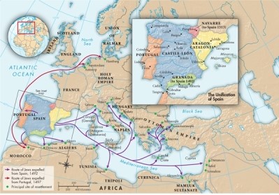 According to Map 12.3: The Unification of Spain and the Expulsion of the Jews, Fifteenth Century, where did the Jewish population of the Spanish kingdom migrate to after their ordered expulsion by Isabella and Ferdinand?   A) Ireland B) Scandinavia C) Rural France D) Cities in the Mediterranean and southern Europe