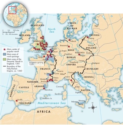 According to Map 11.3: Fourteenth-Century Revolts, where was the largest number of popular revolts during this period?   A) England and France B) Spain and Portugal C) Scotland and Ireland D) Hungary and Poland