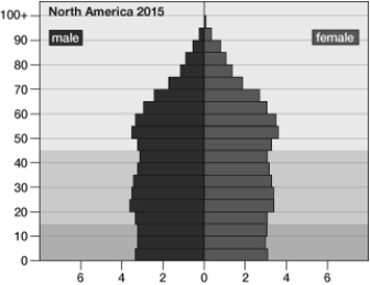 The population shown in the pyramid is   A)  showing continuous exponential growth. B)  going through a boom- and- bust cycle. C)  stable, or slowly growing. D)  expanding. E)  decreasing.