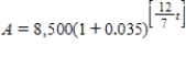 ​A deposit of $8,500 is made in an account that pays 6% compounded every 7 months.The amount A in the account after t years is   ,   What are the points of discontinuity of graph of   ? (Here,the brackets indicate the greatest integer function.)  ​ A)  ​1 ,   ,   ,   ,... B)  ​0 , 1 , 2 ,... C)  ​7 , 14 , 21 ,.... D)  ​1 , 2 , 3 ,... E)  ​   ,   ,   ,...