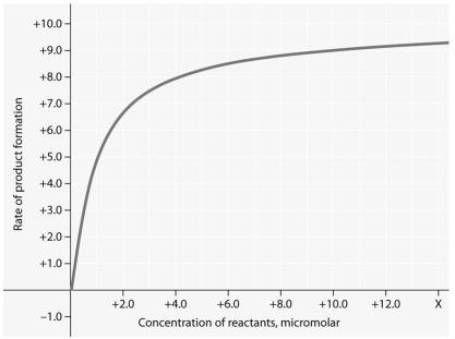 Use the following figure to answer the question below.     Rate of an enzyme-catalyzed reaction as a function of varying reactant concentration,with the concentration of enzyme constant. -For the enzyme-catalyzed reaction shown in the figure,which of these treatments will cause the greatest increase in the rate of the reaction,micromolar? A) doubling the activation energy needed B) cooling the reaction by 10°C C) doubling the concentration of the reactants from 1.0 to 2.0 micromolar D) tripling the concentration of the reactants from 1.0 to 3.0 micromolar E) reducing the ΔG
