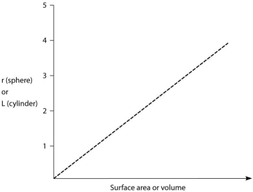   -Both axes of the graph are linear.Thus,the shape of the line plotted on this graph most accurately depicts the A) volume of a sphere as the radius, r, increases. B) surface area of a sphere as the radius, r, increases. C) volume of a cylinder as length, L, increases. D) surface area of a cylinder as length, L, increases.