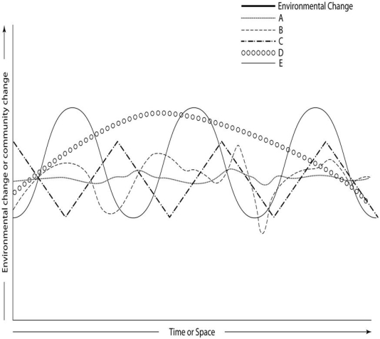 <strong> Based on what you know about ecosystem stability and the information provided in the graph,which community (A-E)would likely support the most biodiversity?</strong> A)A B)B C)C D)D E)E