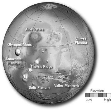 Below is a digital elevation model of Mars.What process is responsible for creating the Valles Marineris?   A) glacial carving B) deposition C) erosion D) burrowing