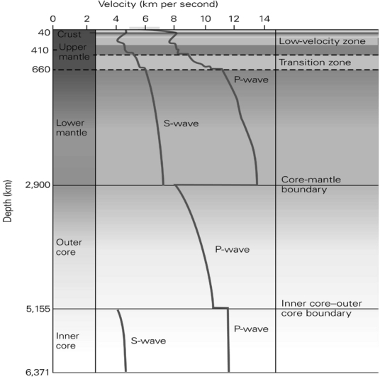 The graph below shows the change in velocity of seismic waves with depth in the crust.Why does the velocity of the P-wave drop drastically at the core-mantle boundary?   A) because the core is much denser than the mantle B) because the outer core is solid and P-waves can't pass through solids C) because the outer core is liquid and seismic waves travel slower in liquids D) because the S-waves are removed and that energy is transferred to the P-waves