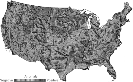 The following picture is a gravity map of the United States.What do the dark gray regions mean in terms of the density of the material below?   A) high-density rock B) low-density rock C) rock of high magnetization D) rock of low magnetization