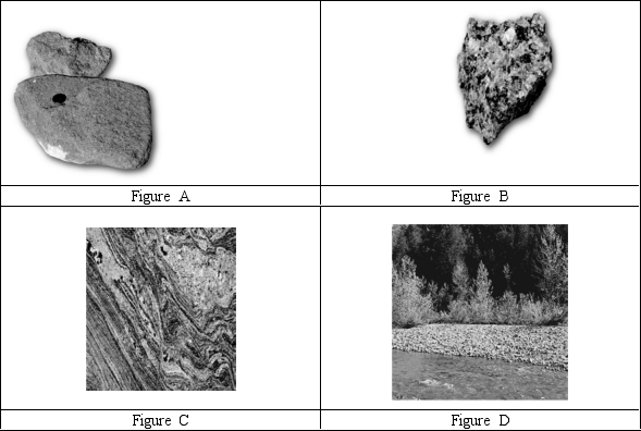 Which one of the pictures does NOT show (a) rock(s) ?   A) Figure A B) Figure B C) Figure C D) Figure D