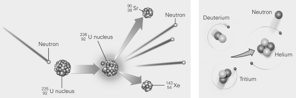 The images below show two different nuclear reactions.The left image shows ________ while the right image shows ________.   A) fusion;fission B) fission;fusion C) Both images show the same type of fusion. D) Both images show different types of fission.