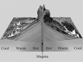 The image below shows ________,where a hot liquid rises into a cooler material,and heat then conducts from the hot liquid into the cooler material.   A) advection B) conduction C) convection D) radiation