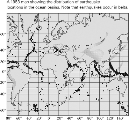 The map below depicts earthquakes,which primarily coincide with areas where ________.   A) volcanoes also regularly occur B) the tectonic plates are not moving C) the geothermal heat flow is abnormally low D) marine magnetic anomalies are not found