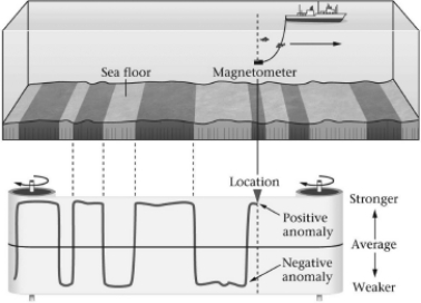 Consult the figure below.Marine magnetic anomaly belts are widest when and where ________.   A) continents are joined to form supercontinents B) seafloor spreading rates are relatively rapid C) seafloor spreading rates are relatively slow D) supercontinents first began to rift apart