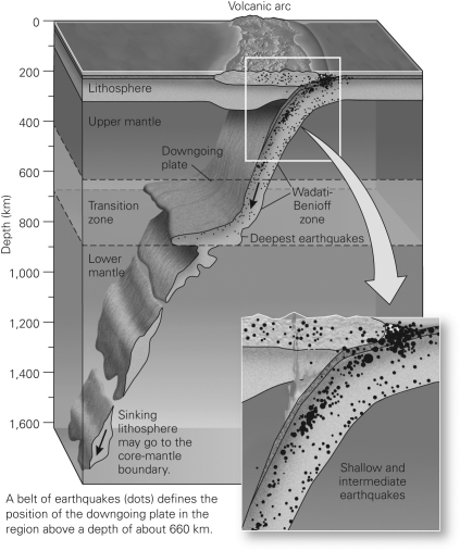 The image below shows a cross-sectional view of a typical subduction zone,with earthquake locations shown with small dots.The band of earthquakes that follows the shape of the downgoing plate is termed the ________.   A) transform fault zone B) collisional zone C) Wegener zone D) Wadati-Benioff zone