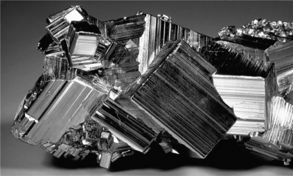 The image below shows a mineral specimen of pyrite.What is the term for the thin parallel corrugations or stripes shown on the crystal faces below?   A) conchoidal fractures B) facets C) cleavage planes D) striations