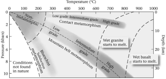 Consult the figure below.Compared with low-grade metamorphic rocks,high-grade rocks ________.   A) always contain more quartz and feldspar B) are produced close to the surface but high in the stratigraphic column C) are produced at greater temperatures and pressures D) are produced at cooler temperatures but greater pressures