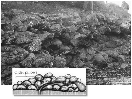 Based on your knowledge of volcanoes and volcanic products,you can say with confidence that the outcrop in the image below ________.   A) formed on land at a continental hotspot B) formed underwater at a subduction zone C) formed on land at a continental rift D) formed underwater at a mid-ocean ridge