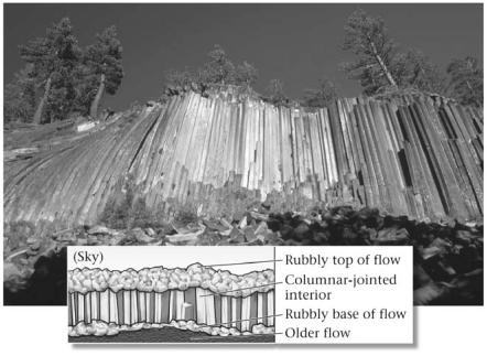 The tall polygonal features preserved in the ancient basalt flow in the image below formed because the lava ________.   A) was moving as it cooled,so it fractured B) erupted underwater and cooled rapidly,forming many fractures C) was subjected to shaking from earthquakes,and subsequently fractured D) shrank as it cooled,forming tall polygonal-shaped fractures