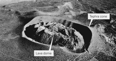 The image below shows a lava dome that never left the volcanic crater.What is the likely composition of the rocks that make up this lava dome?   A) felsic B) intermediate C) mafic D) ultramafic