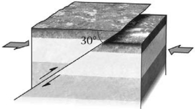 During an earthquake,if a hanging wall slides upward relative to a footwall,the fault is termed a ________ fault if the fault is shallow (much closer to horizontal than vertical) .Refer to the figure below for an example of such a feature.   A) normal B) reverse C) strike-slip D) thrust