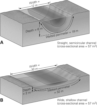 The figure below shows two hypothetical streams that have identical cross-sectional areas but different channel shapes.Assuming all other factors are equal,stream ________ will have the fastest flow because of the difference in ________.   A) A;width B) A;wetted perimeter C) B;width D) B;wetted perimeter