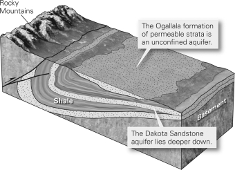 <strong>The figure below shows the Ogallala and Dakota aquifers along with interlayered shale deposits.What likely occurred in the area to produce the alternating shale and sandstone layers?  </strong> A)metamorphism to produce shale B)transgression and regression C)intrusion of shale between sandstone D)precipitation of clay into the shale layer <div style=padding-top: 35px> 