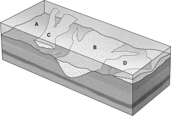In the figure below,where would be the best place to locate a well that would supply the most water?   A) A B) B C) C D) D