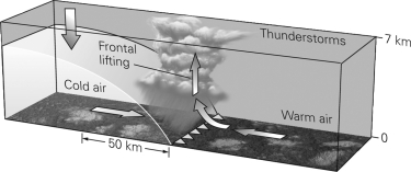 In the figure below,what kind of front develops when a cold air mass moves into a warm air mass?   A) a warm front B) a cold front C) an occluded front D) a tropical front