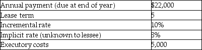 For the following lease,determine the minimum present value calculation for the lessee.   A)  64,443 B)  67,876 C)  83,397 D)  87,840