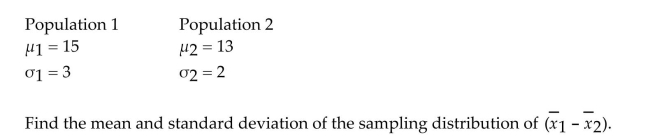 Independent random samples of 100 observations each are chosen from two normal populations with the following means and standard deviations.